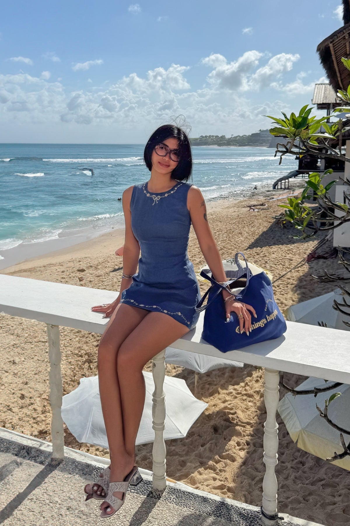 Solène Linen Mini Dress with Round Neckline & Japanese Floral Embroidery