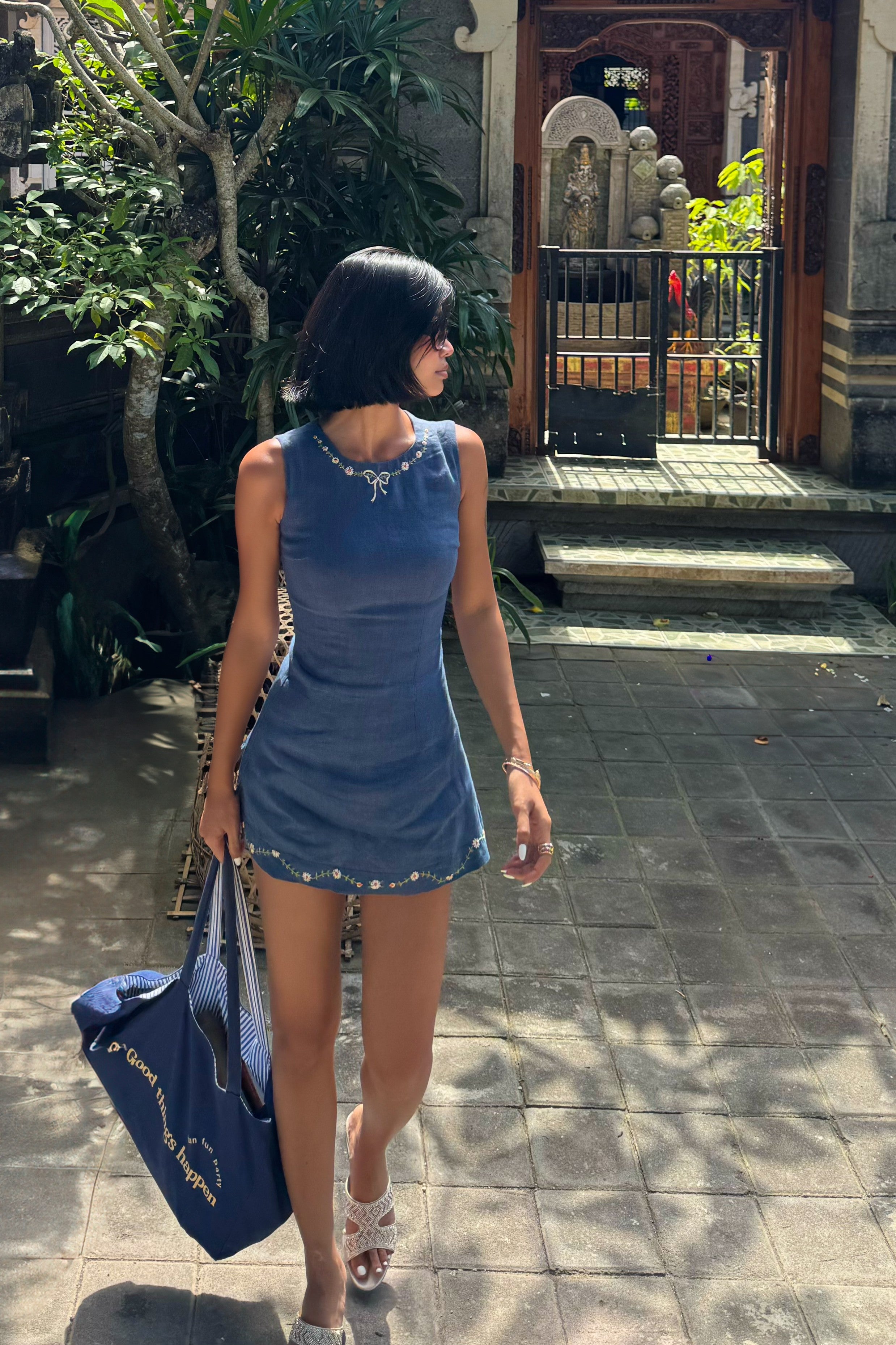 Hanami Linen Mini Dress with Round Neckline & Japanese Floral Embroidery