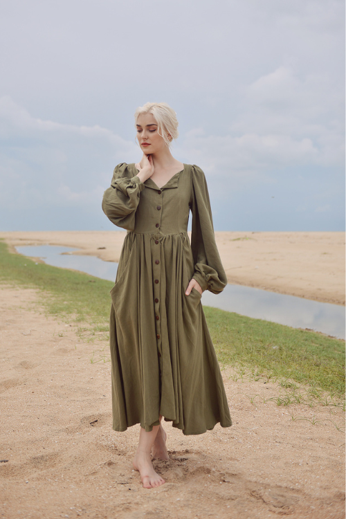 Willow Linen Dress - Medieval inspired Linen Dress with Puff Sleeves and Pockets