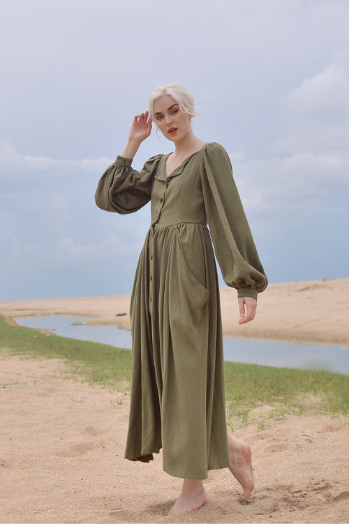 Willow Linen Dress - Medieval inspired Linen Dress with Puff Sleeves and Pockets