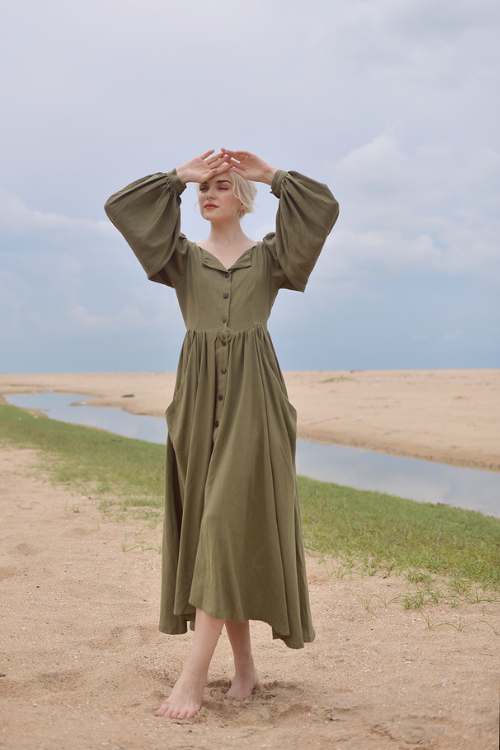 Willow Linen Dress - Medieval inspired Linen Dress with Puff Sleeves and Pockets