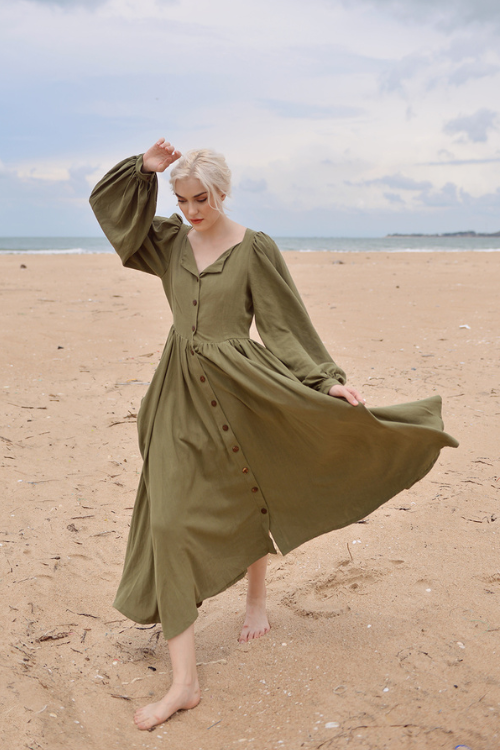 Willow Linen Dress - Medieval inspired Linen Dress with Puff Sleeves and Pockets