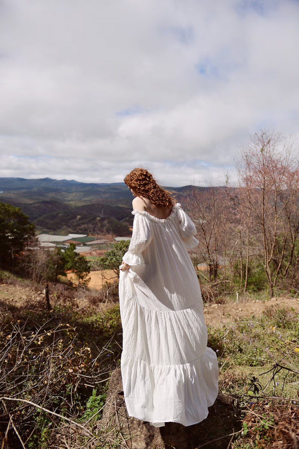 Cassandra Cotton Dress - Off-Shoulder Tiered Gown