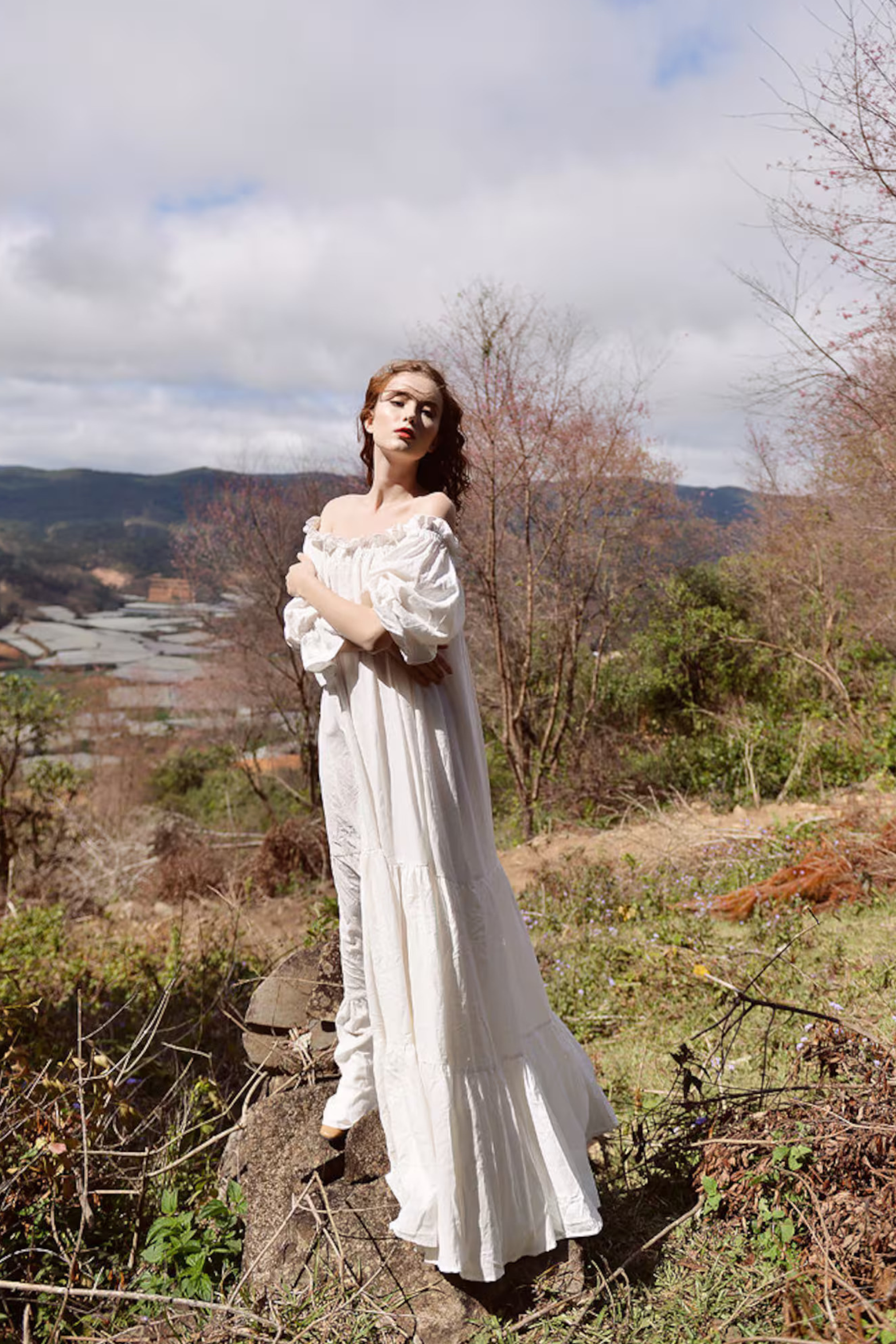 Cassandra Cotton Dress - Off-Shoulder Tiered Gown