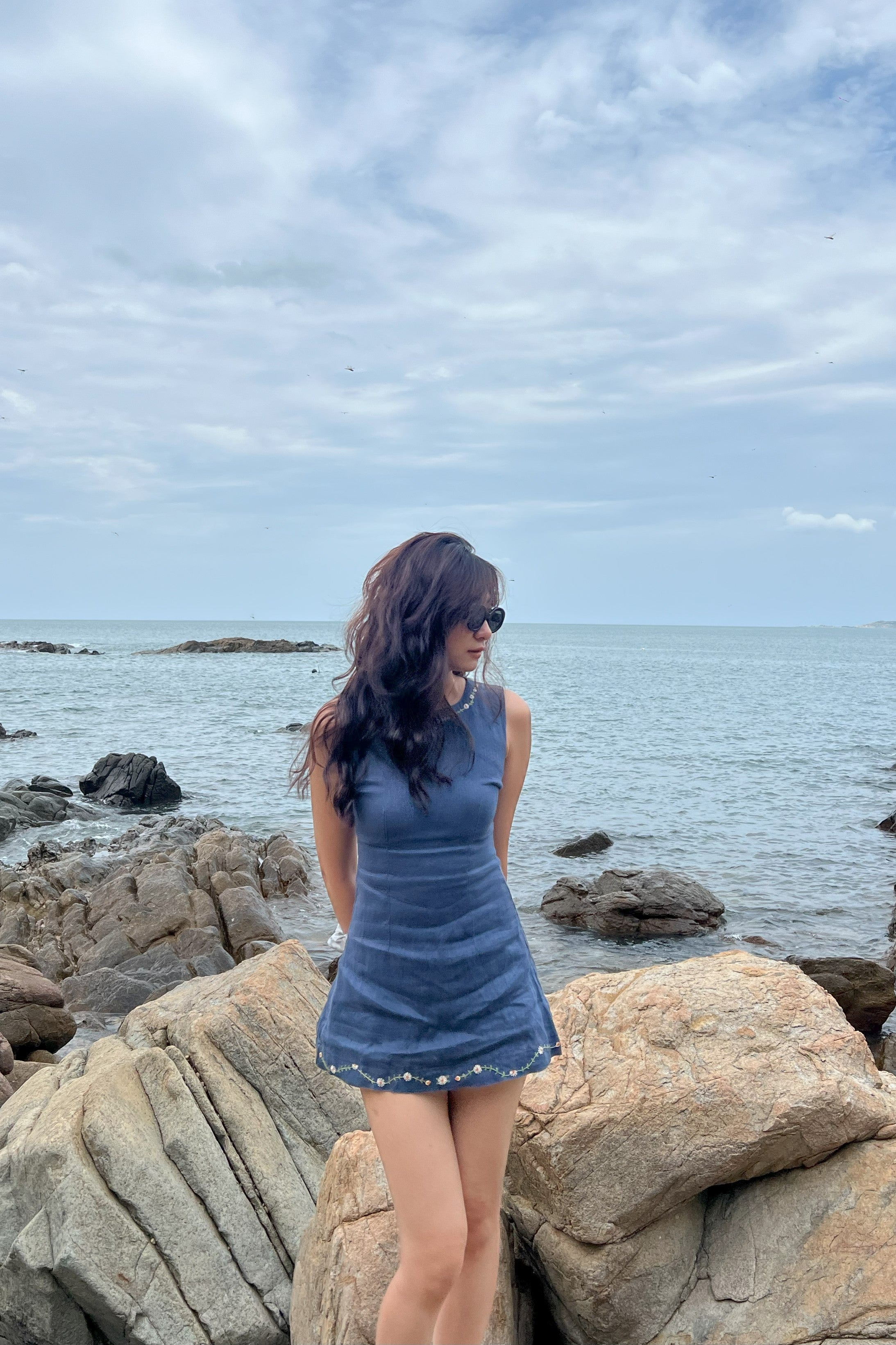 Hanami Linen Mini Dress with Round Neckline & Japanese Floral Embroidery