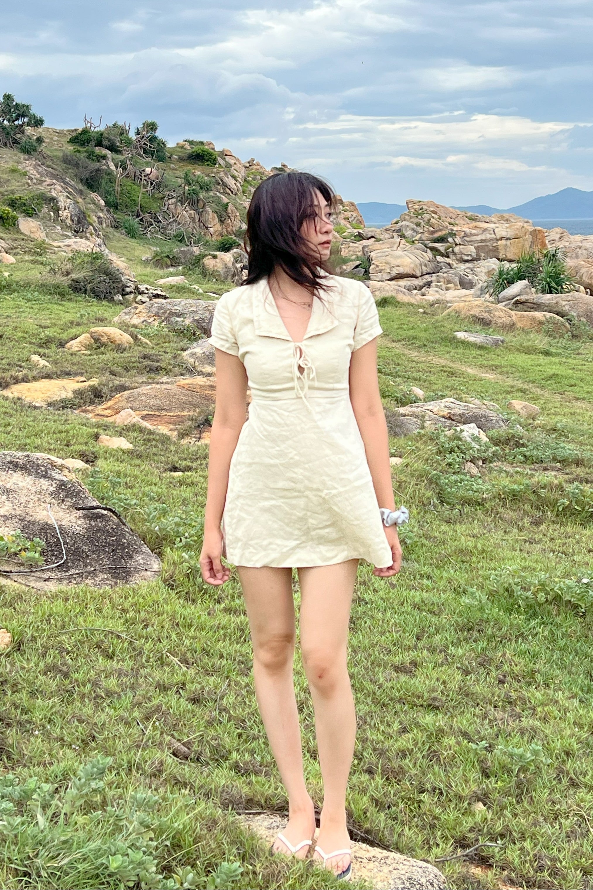 Élodie – A-Line Mini Dress with Embroidered Collar & Bow Tie
