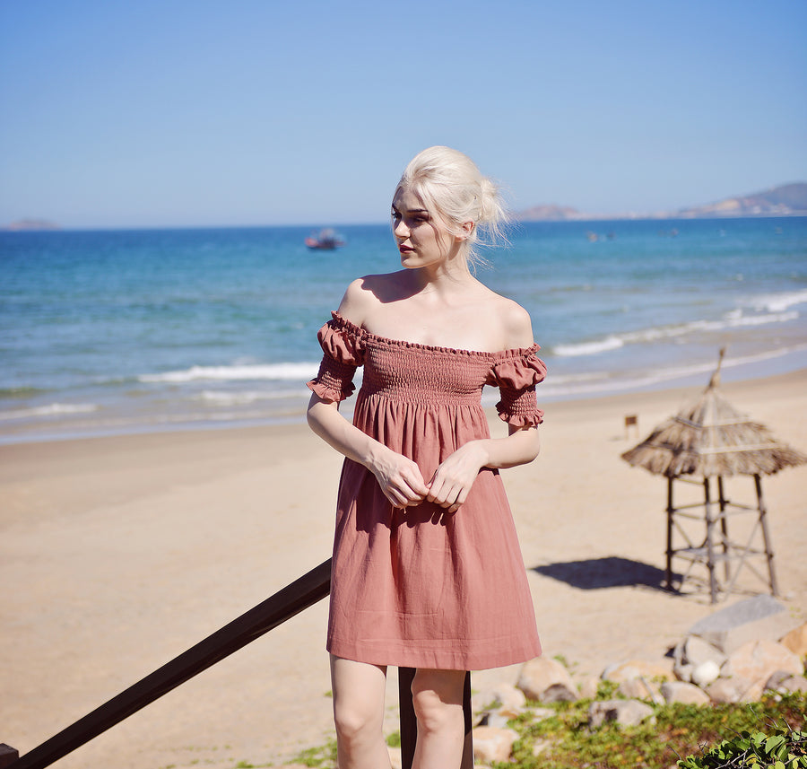 Linen Dress Women - Summer Off shoulder Dress - Linen Cotton Dress - Natural Fabric