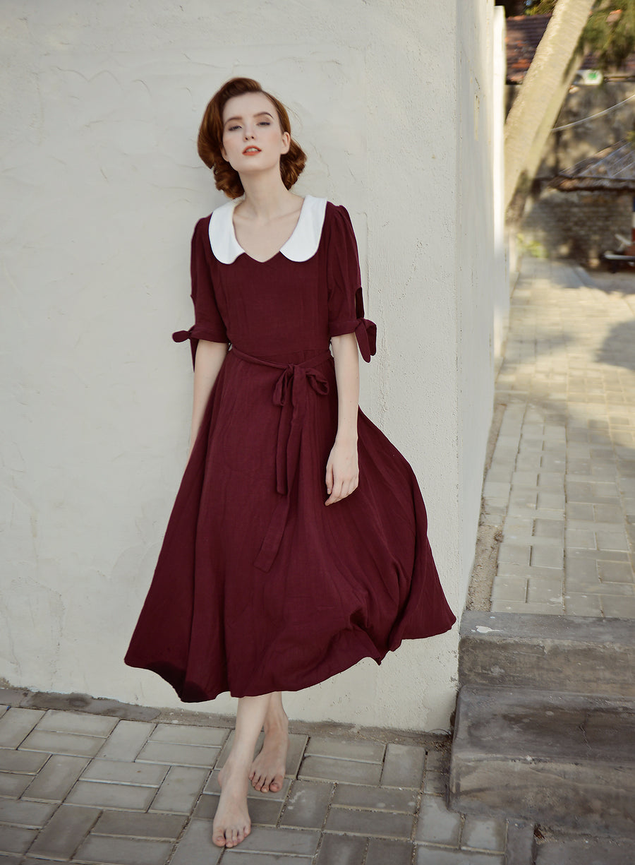 Aline Linen Dress - White Collar - Vintage Style Gown - Organic Clothing - Organic Cotton