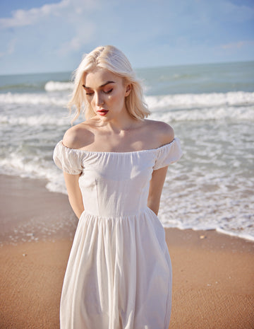 Linen Dress with Sleeves - Midi Linen Dress - Casual Cotton Dress - White Linen Dress
