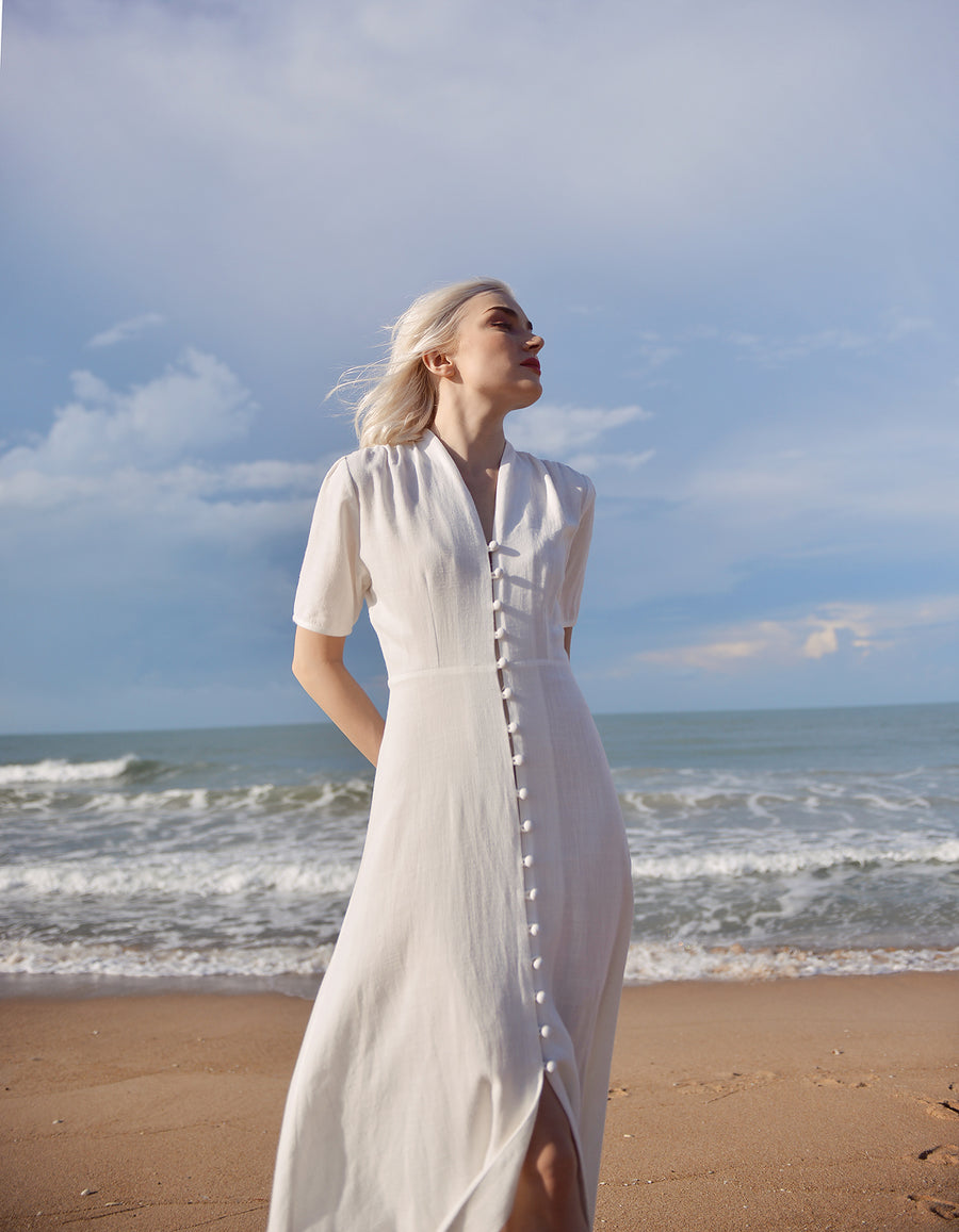Sleeves Linen Long Dress - White Linen Dress - Organic Clothing - Long Cotton Dress - Wedding Guest Dress
