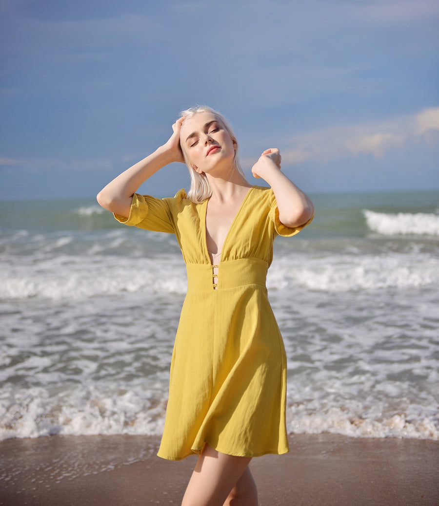 Linen Dress Short Sleeves - Midi Linen Dress - Organic Cotton Dress