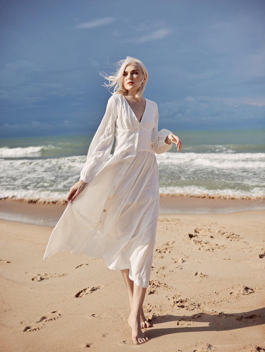 Linen Dress White - Midi Linen Dress - Organic Cotton Dress