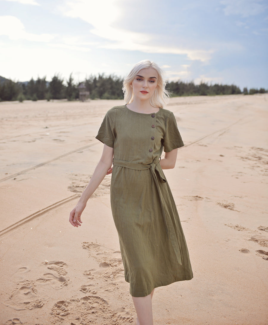 Linen Dress with Short Sleeve - Midcalf Linen Dress - Long Linen Summer Dress - Olive