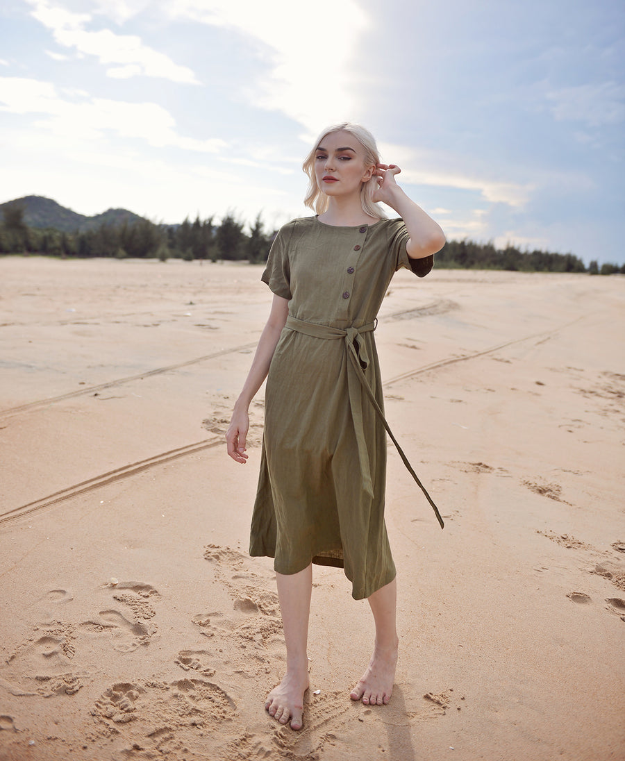 Linen Dress with Short Sleeve - Midcalf Linen Dress - Long Linen Summer Dress - Olive