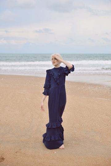 Cotton Dress Women - with Frills - Cotton Linen Maxi Dress - Women Full Length Dress - Organic Clothing