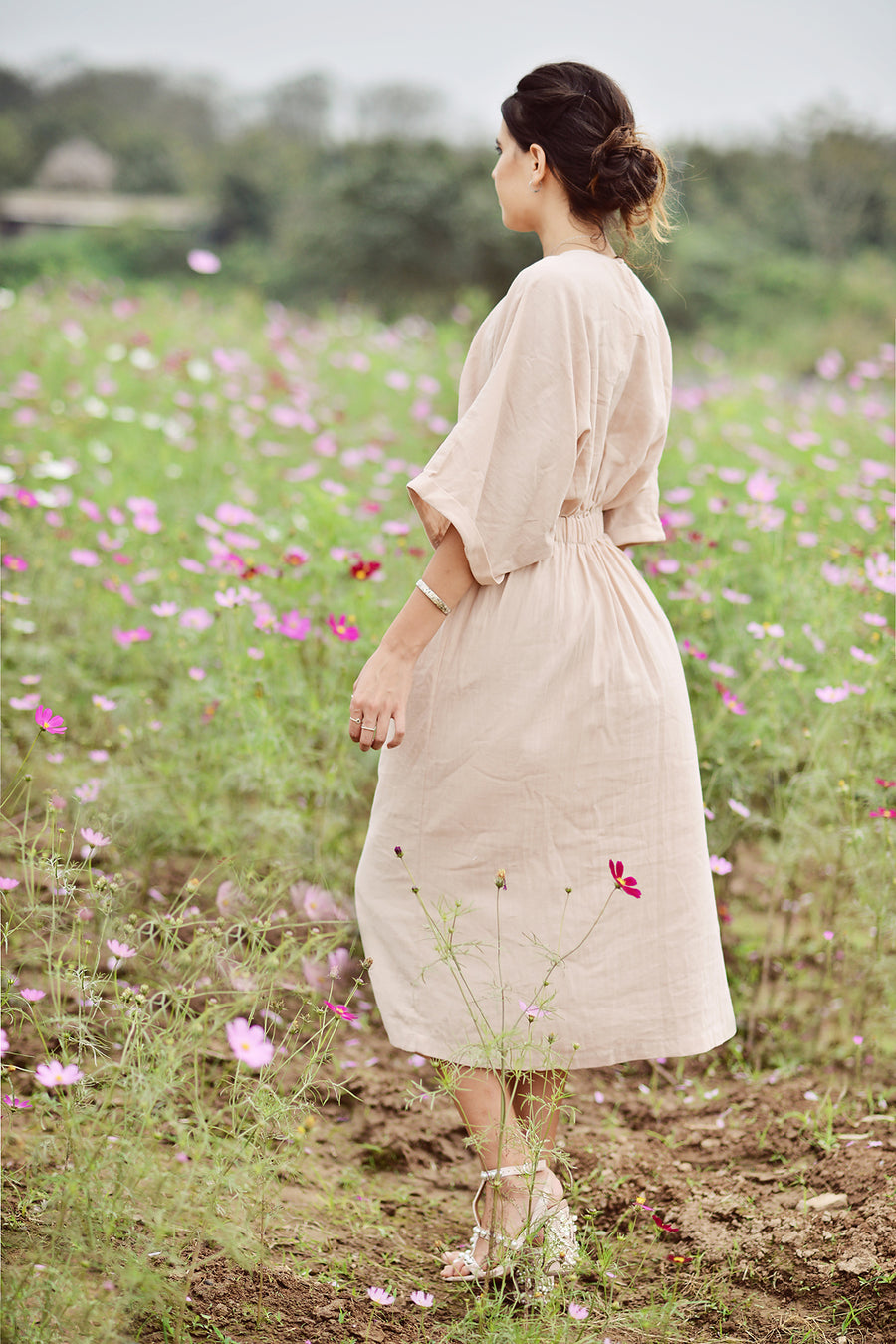 Cotton Dress Midi - Nude Cotton Dress - Midcalf Cotton Dress