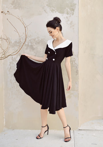 Linen Dress Black and White - Midi Linen Dress - Linen Dress Button