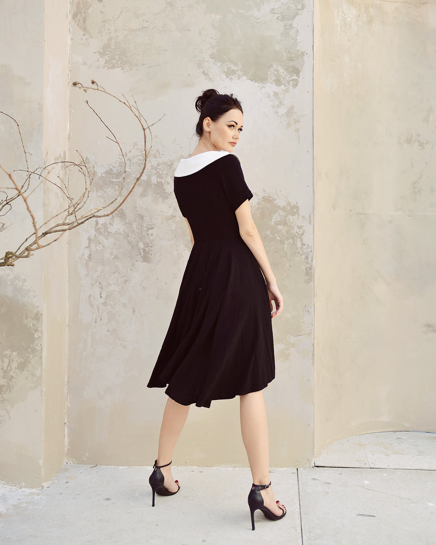 Linen Dress Black and White - Midi Linen Dress - Linen Dress Button