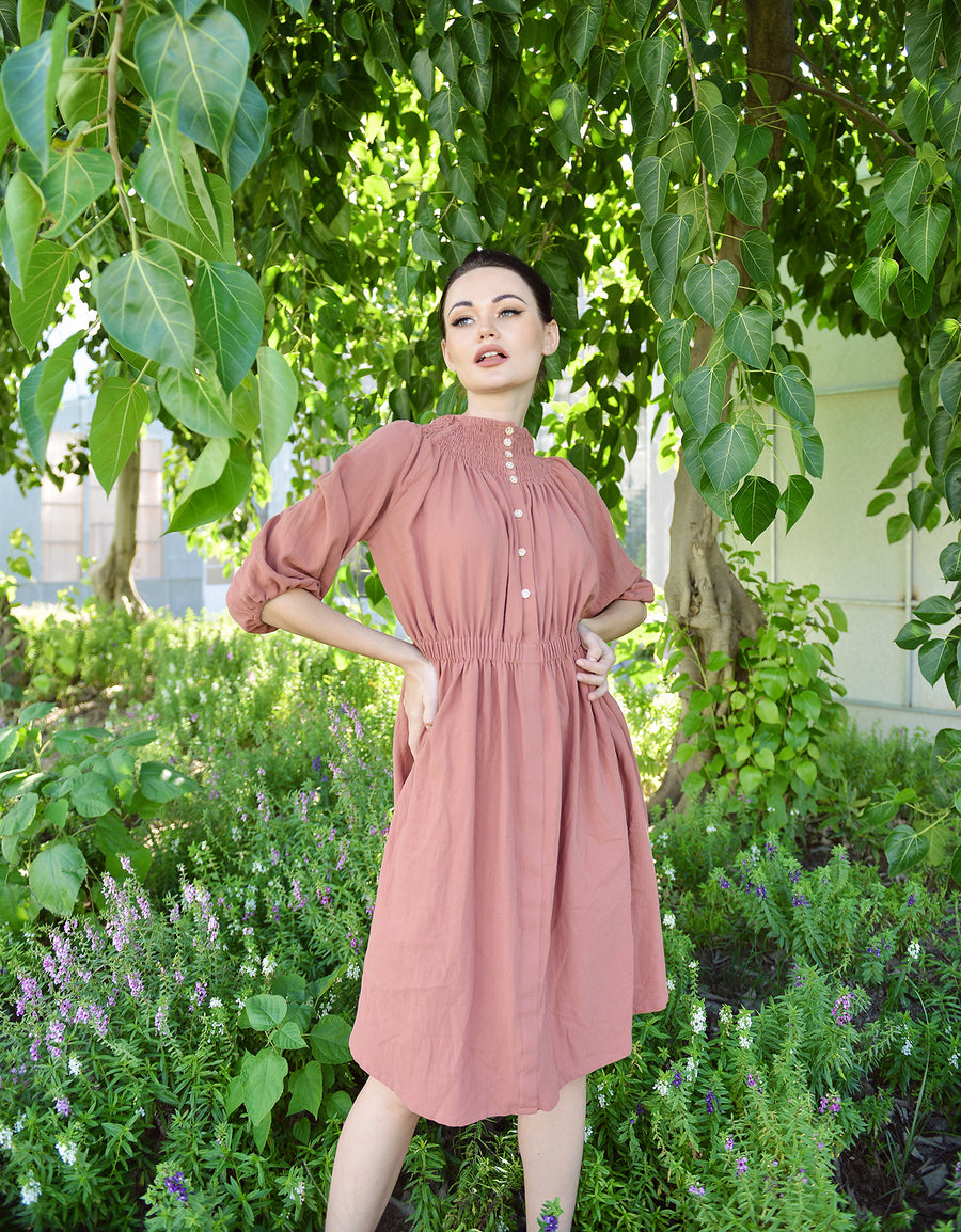 Midi Cotton Dress Buttons - Half Sleeve Dress - Women Cotton Dress - Cotton Mid-calf Dress