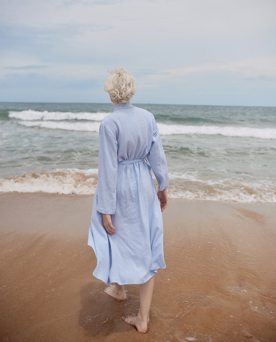 Linen Robe Blue - Long Sleeves Linen Robe - Knee Length Cotton Robe - Womens Robes