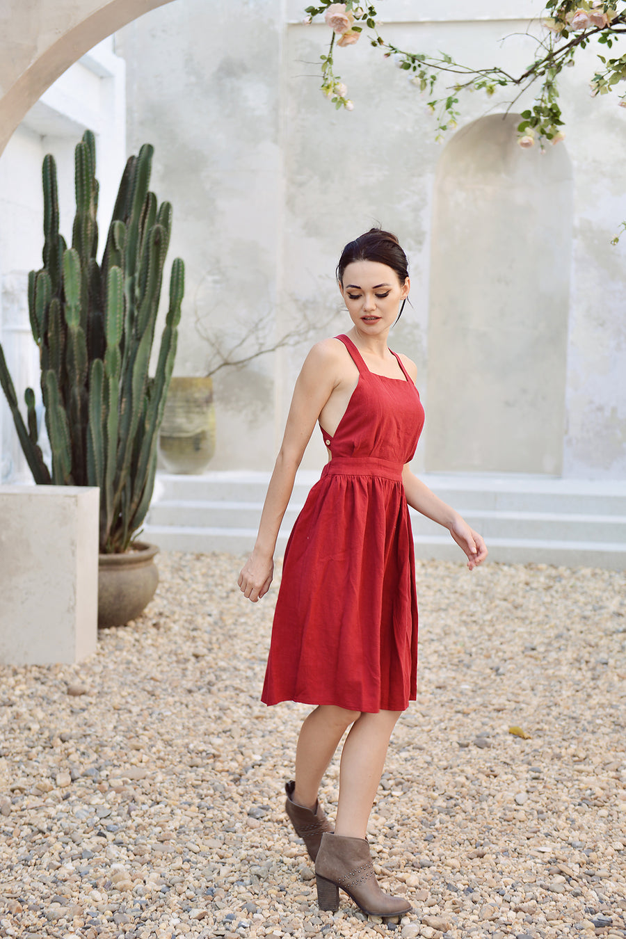 Linen Dress Crisscross - Organic Cotton Dress - Dress For Women - Red Open back Dress - Elastic Waist