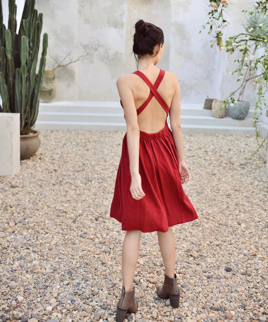 Linen Dress Crisscross - Organic Cotton Dress - Dress For Women - Red Open back Dress - Elastic Waist