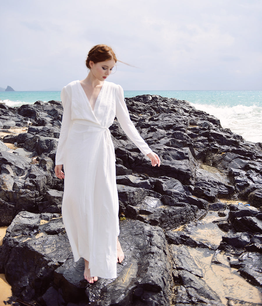 Linen Dress Wrap - White Linen Dress - Long Sleeve - Women Cotton Linen Dress - Organic Cotton Long Dress