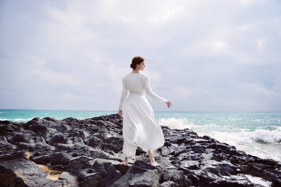 Linen Dress Wrap - White Linen Dress - Long Sleeve - Women Cotton Linen Dress - Organic Cotton Long Dress
