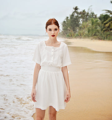 Cotton Mini Dress - White Linen Dress - Summer White Dress - Square neck - Short Sleeves - Button Down