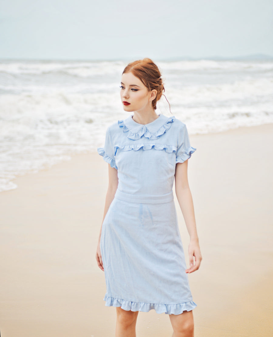 Summer Dress Cotton - Women Linen Dress - Short Sleeves Dress - Frills Cotton Dress