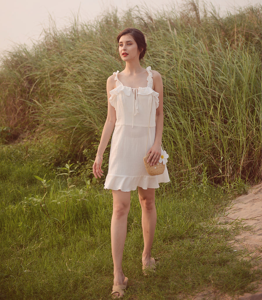 Linen White Summer Dress - Women Frills Dress - Ruffles Cotton Dress - Natural Fabric