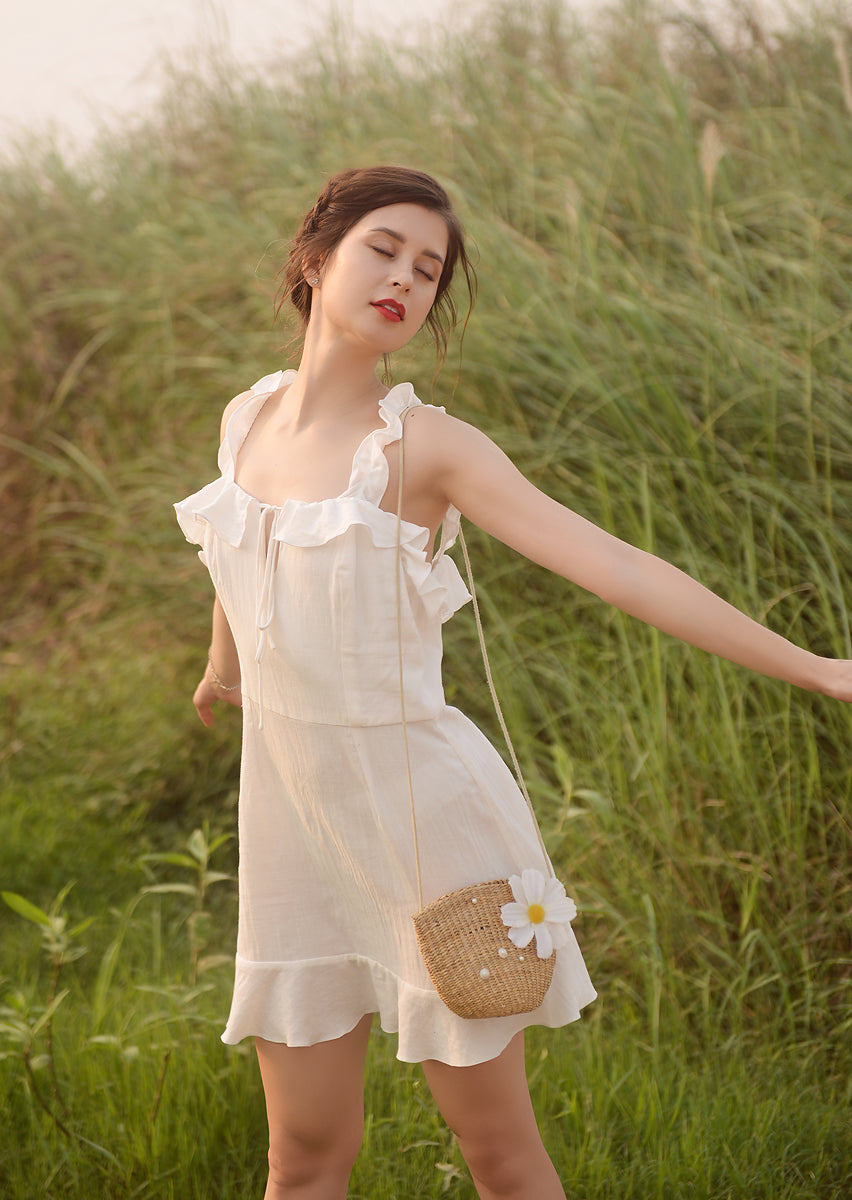Linen White Summer Dress - Women Frills Dress - Ruffles Cotton Dress - Natural Fabric