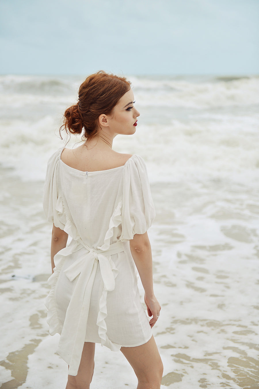 Linen Dress Short - White Linen Dress - Deep Vneck Mini Dress - Mini Dress Frills - Puff Sleeves