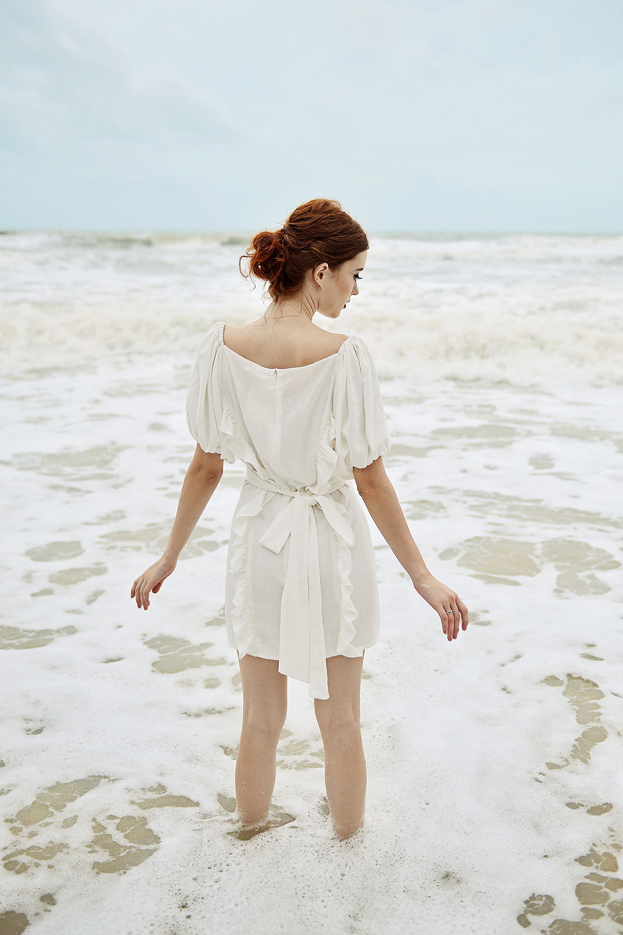 Linen Dress Short - White Linen Dress - Deep Vneck Mini Dress - Mini Dress Frills - Puff Sleeves