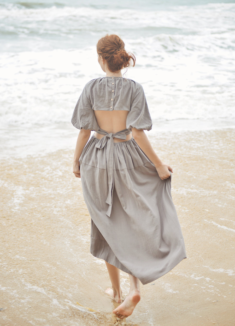 Maxi Linen Dress - Open Back Linen Sundress - Summer Linen Dress - Backless Cotton Dress - Balloon Sleeves Dress