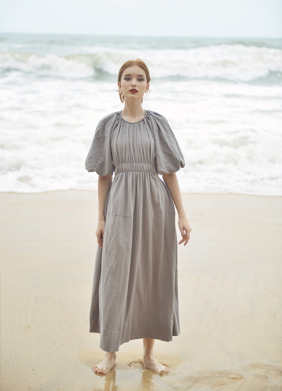 Maxi Linen Dress - Open Back Linen Sundress - Summer Linen Dress - Backless Cotton Dress - Balloon Sleeves Dress