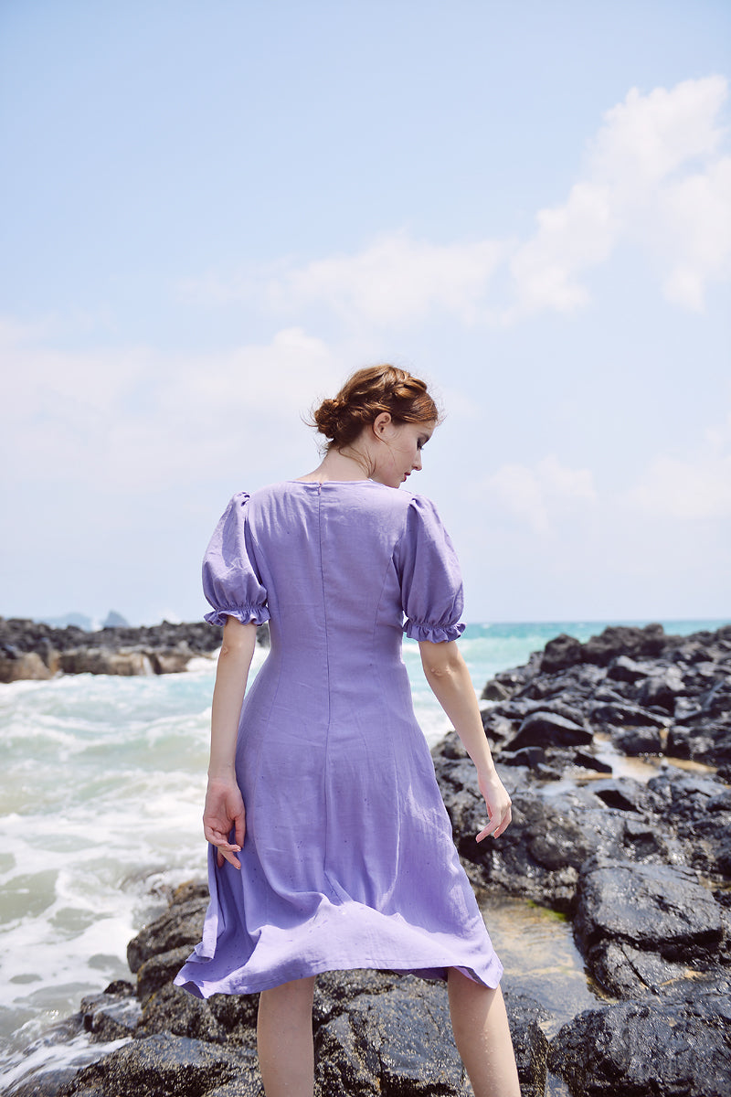 Linen Dress Button - Short Sleeve Lilac Dress - Summer Dress Cottagecore