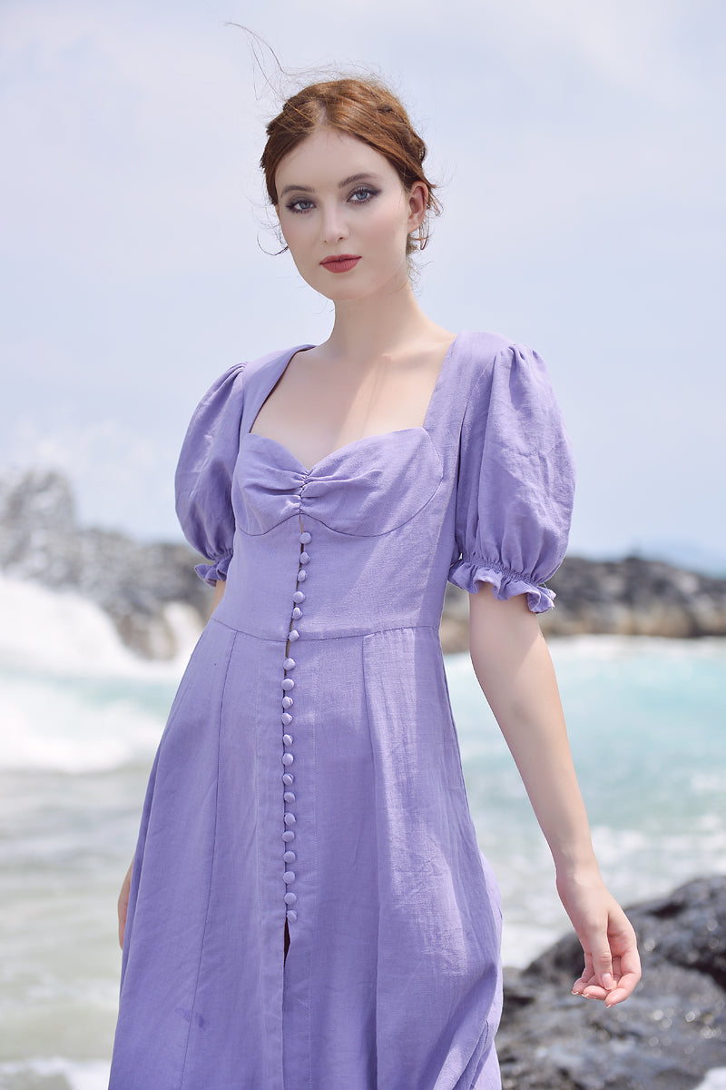 Linen Dress Button - Short Sleeve Lilac Dress - Summer Dress Cottagecore