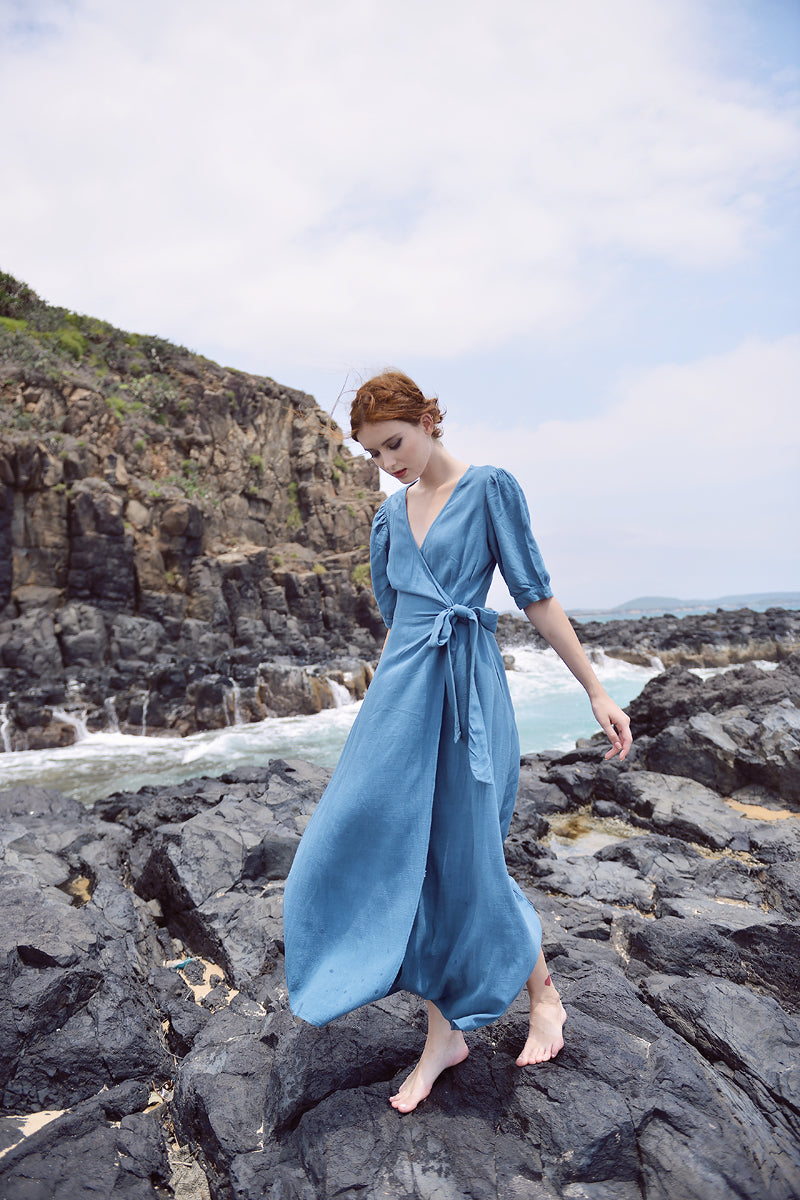 Wrap Dress Linen - Wrap Dress Women - Wrap Dress Maxi - Linen Dress - Blue Summer Dress