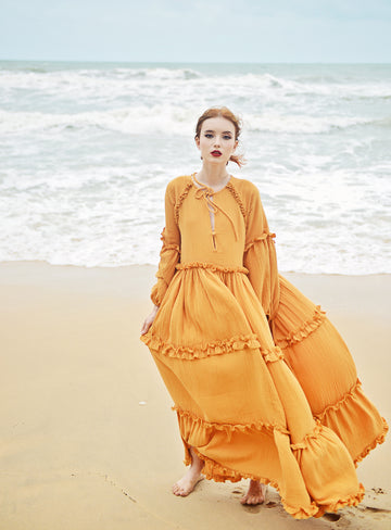 Maxi Linen Gauze Dress - Long Sleeves Dress - Gauze Beach Dress