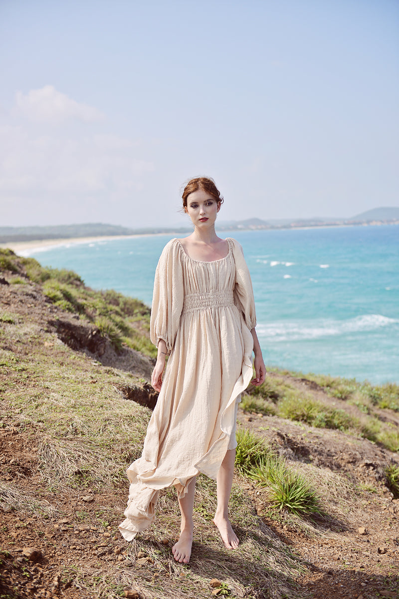 Linen Dress Midi - Summer Dress with Sleeves - Linen Dress Elastic Waist