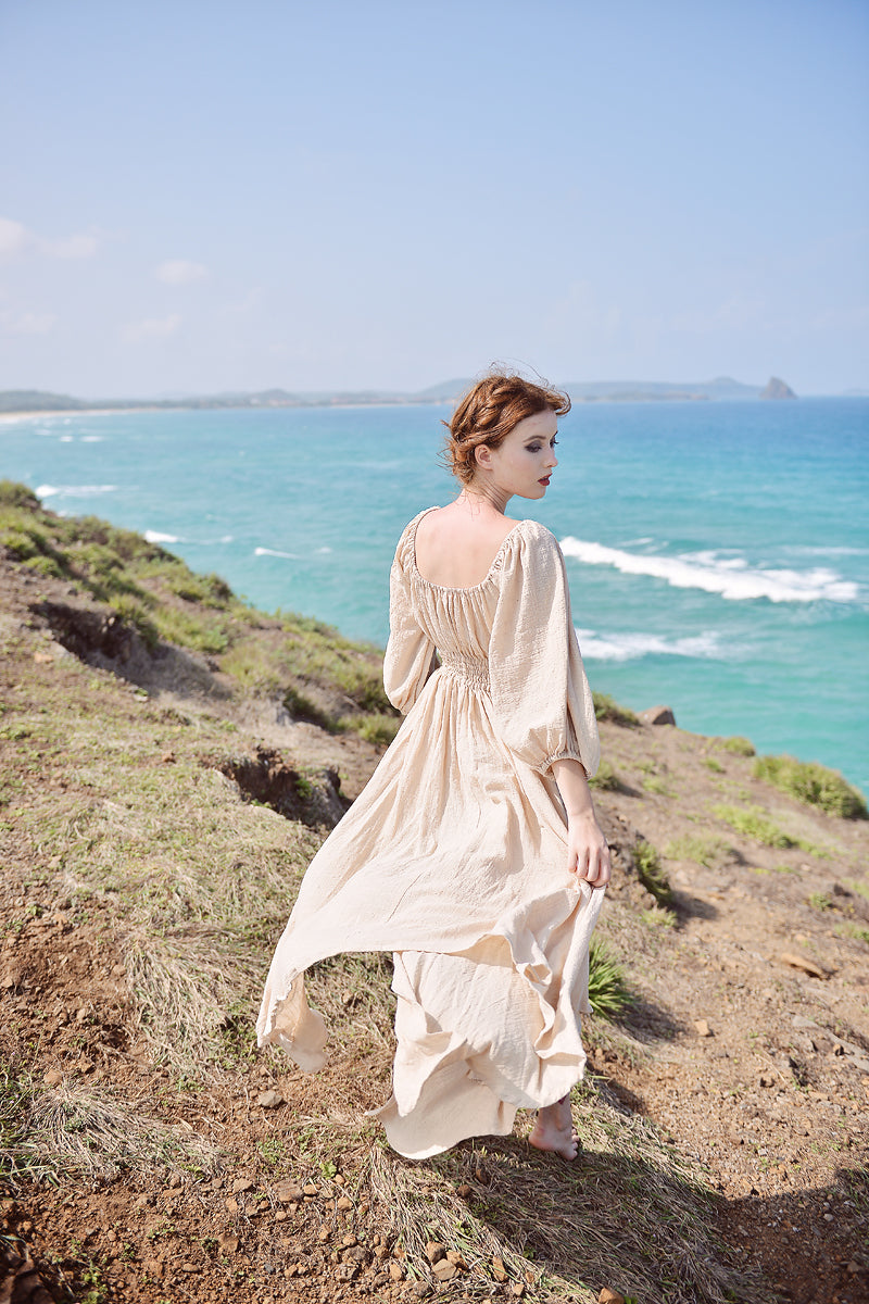Linen Dress Midi - Summer Dress with Sleeves - Linen Dress Elastic Waist