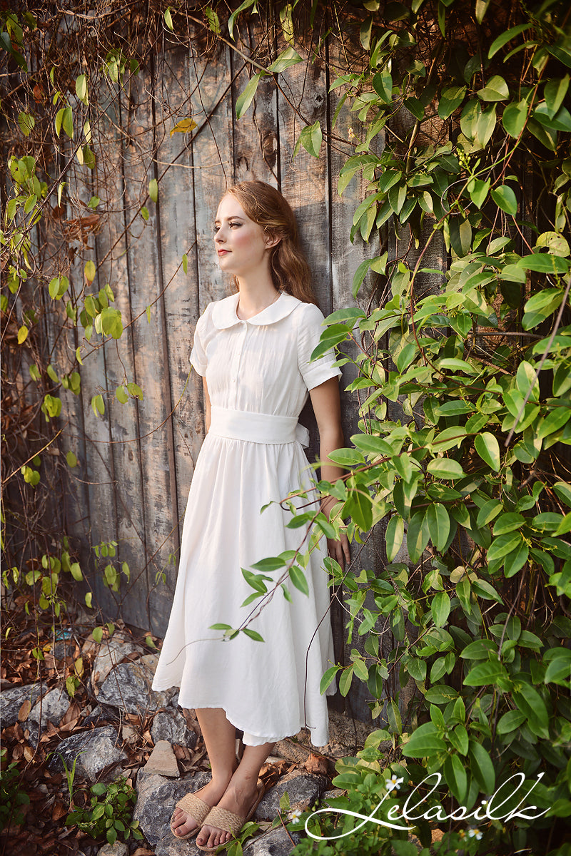 Summer Midi Linen Dress - Linen Dress with Collar - Midi Cotton Dress - Women White Midi Dress - Organic Cotton Clothing