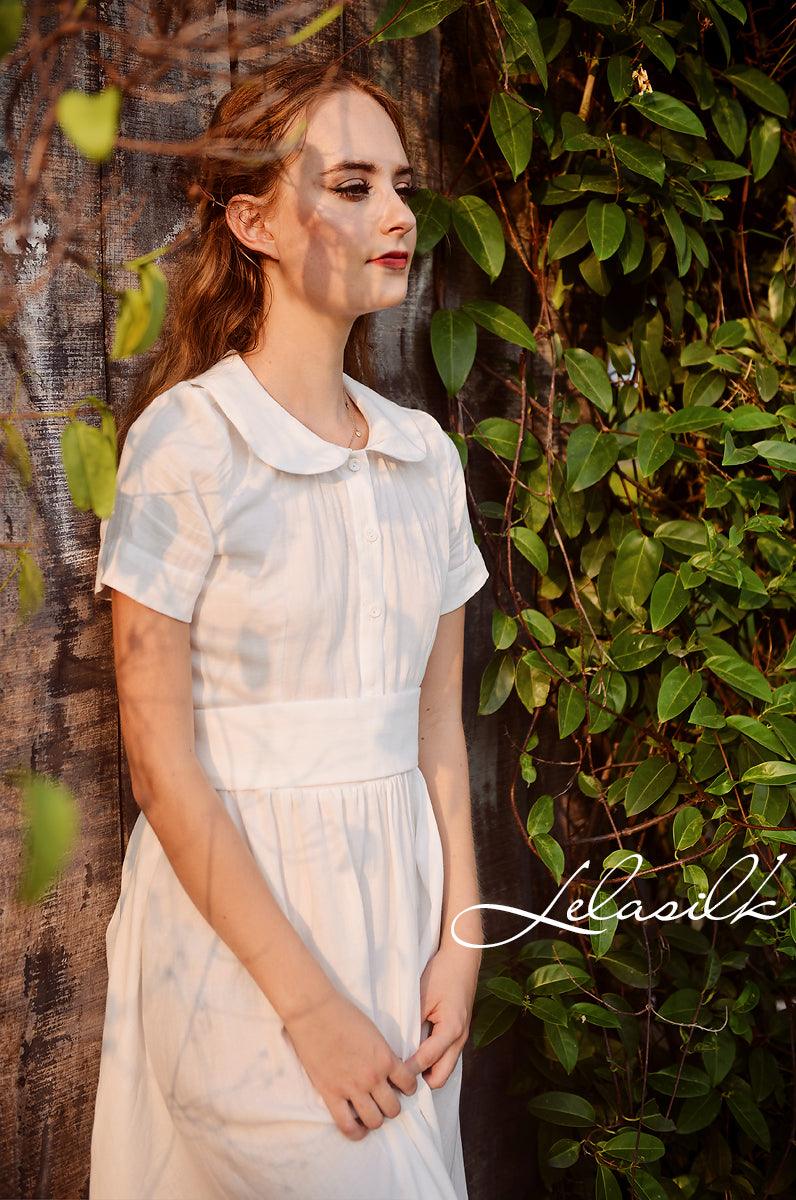 Summer Midi Linen Dress - Linen Dress with Collar - Midi Cotton Dress - Women White Midi Dress - Organic Cotton Clothing
