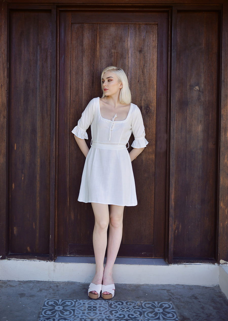 Short Linen Dress - Sleeves Linen Dress - Summer Cotton Dress - White Organic Cotton