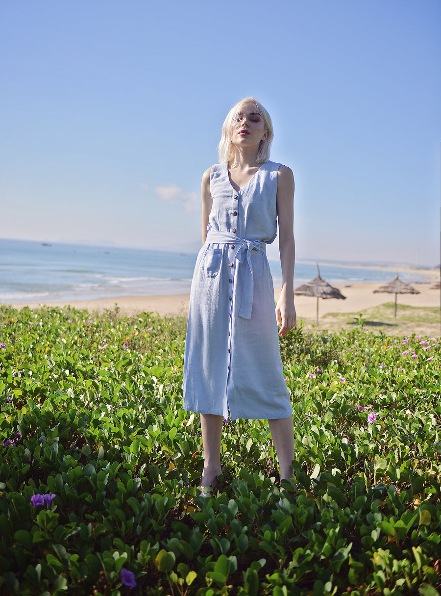 Linen Cotton Midi Dress - Summer Linen Dress - Button Linen Dress - Organic Cotton Dress - Women Cotton Dress