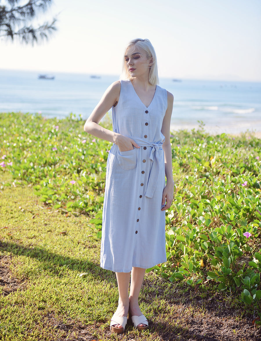 Linen Cotton Midi Dress - Summer Linen Dress - Button Linen Dress - Organic Cotton Dress - Women Cotton Dress