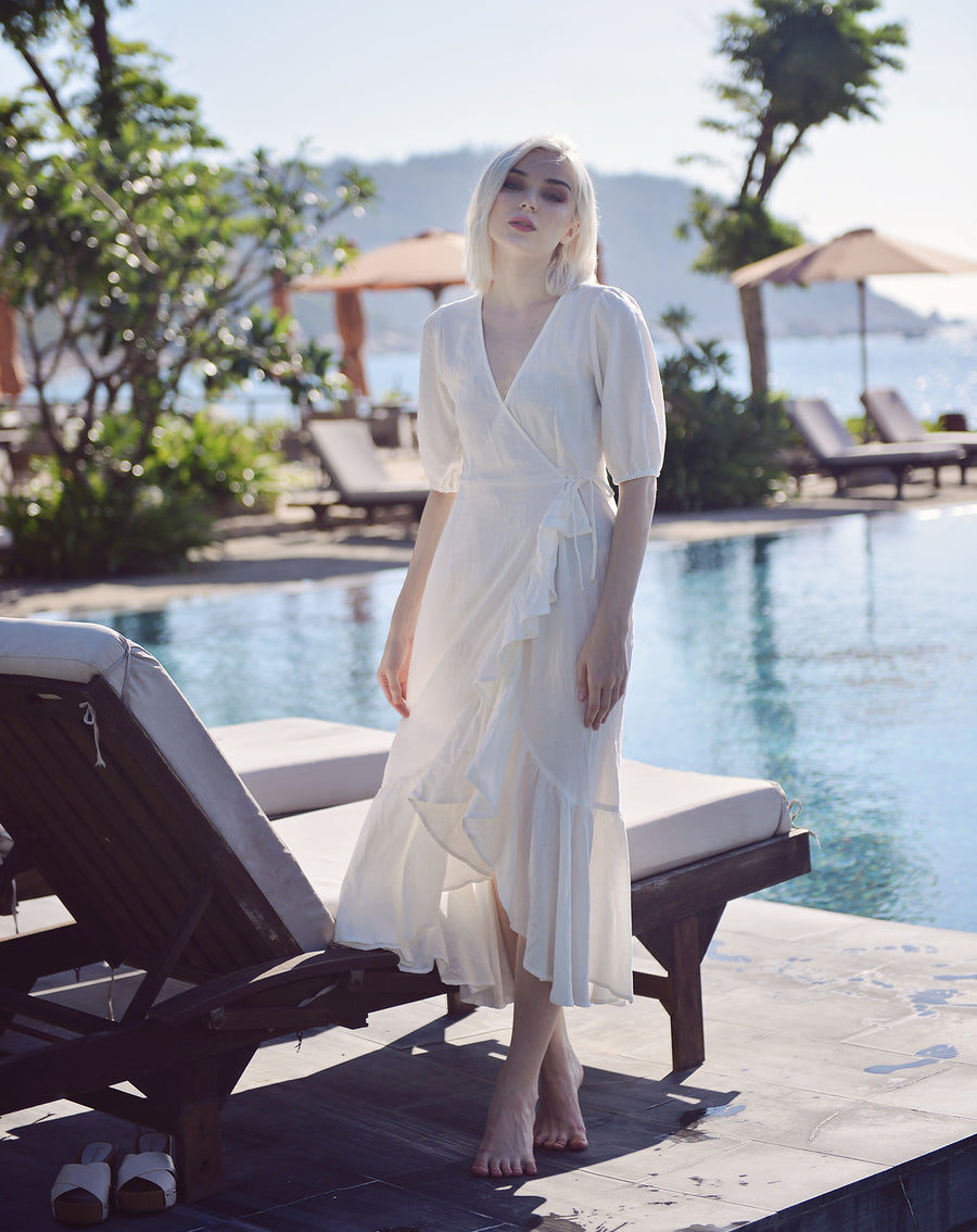 White Cotton Wrap Dress - White Linen Dress - Linen Clothing Women
