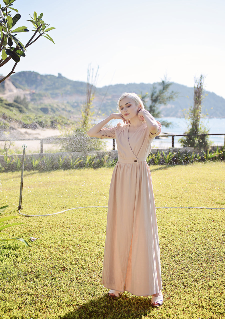 Linen Wrap Dress - Dress with Sleeves - Women Cotton Linen Dress - Organic Cotton Long Dress