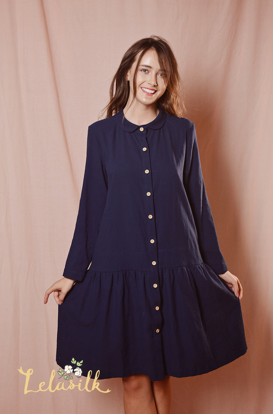 Button Down Cotton Dress - Simple Cotton Dress - Long Sleeves Cotton Dress